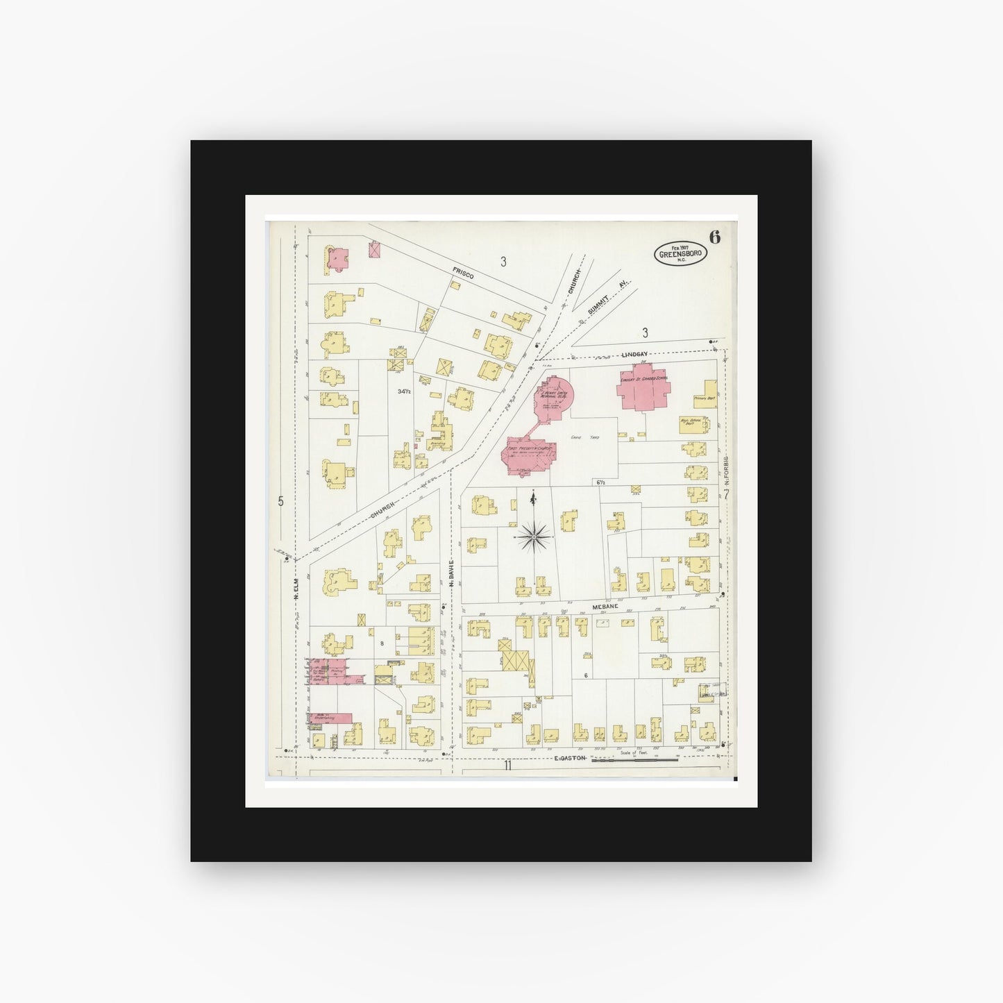 Old map wall art mockup — black gallery frame with white mat — Sanborn Fire Insurance Map from Greensboro, Guilford County, North Carolina (1907), Sheet #0006