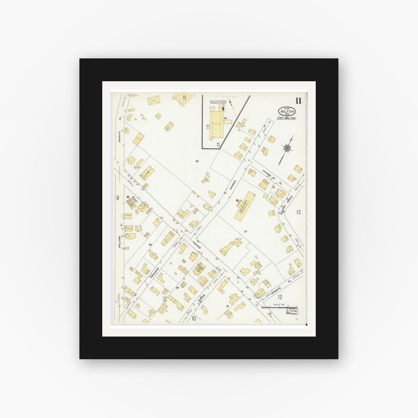 Old map wall art mockup — black gallery frame with white mat — Sanborn Fire Insurance Map from Milton, Norfolk County, Massachusetts (1911), Sheet #0011