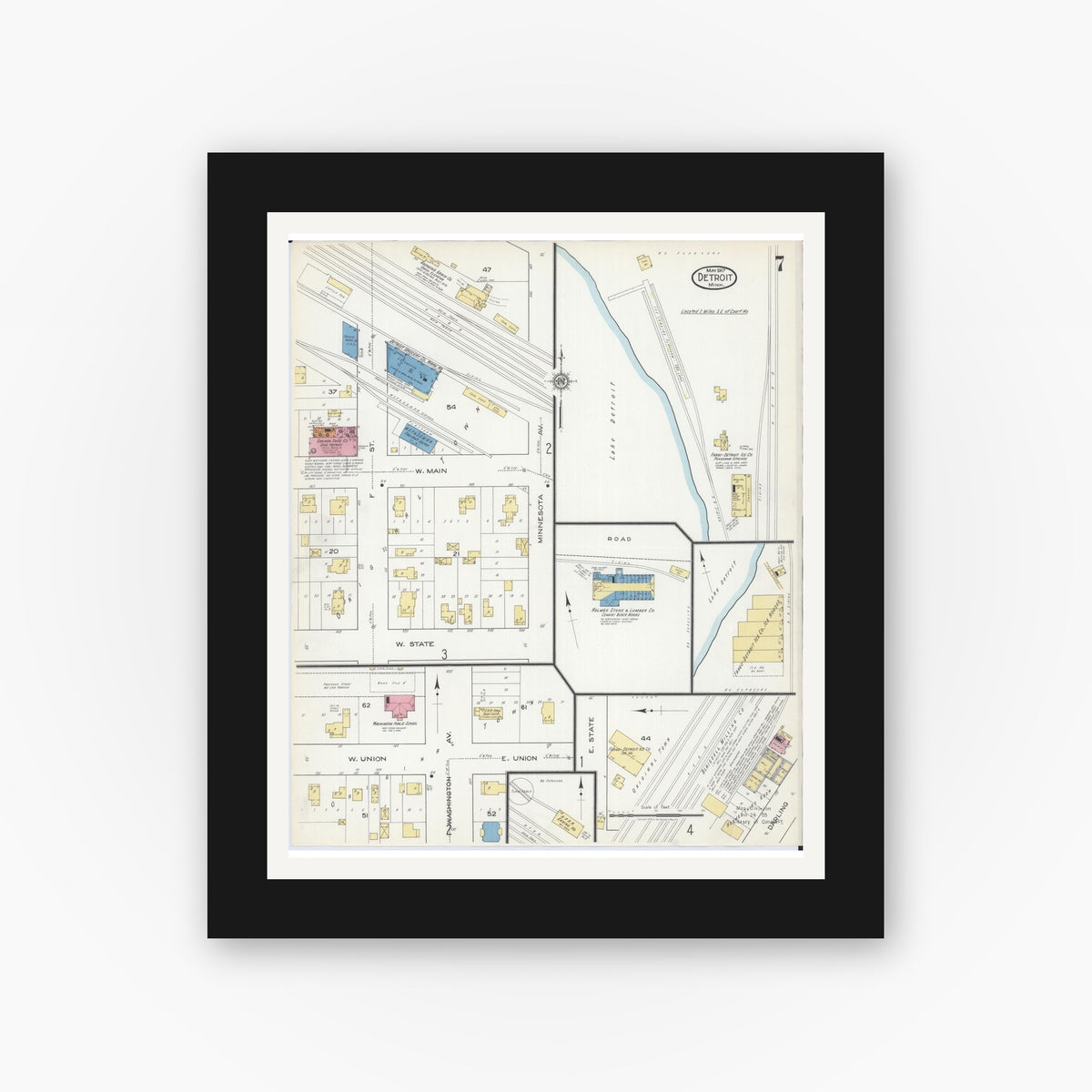 Old map wall art mockup — black gallery frame with white mat — Sanborn Fire Insurance Map from Detroit Lakes, Becker County, Minnesota (1917), Sheet #0007