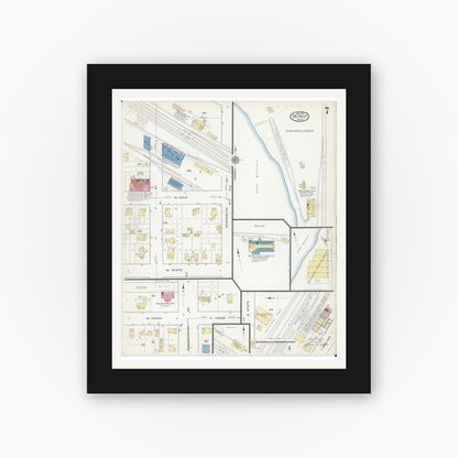 Old map wall art mockup — black gallery frame with white mat — Sanborn Fire Insurance Map from Detroit Lakes, Becker County, Minnesota (1917), Sheet #0007
