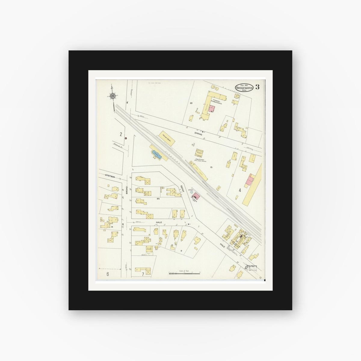 Old map wall art mockup — black gallery frame with white mat — Sanborn Fire Insurance Map from Bridgewater, Plymouth County, Massachusetts (1912), Sheet #0003