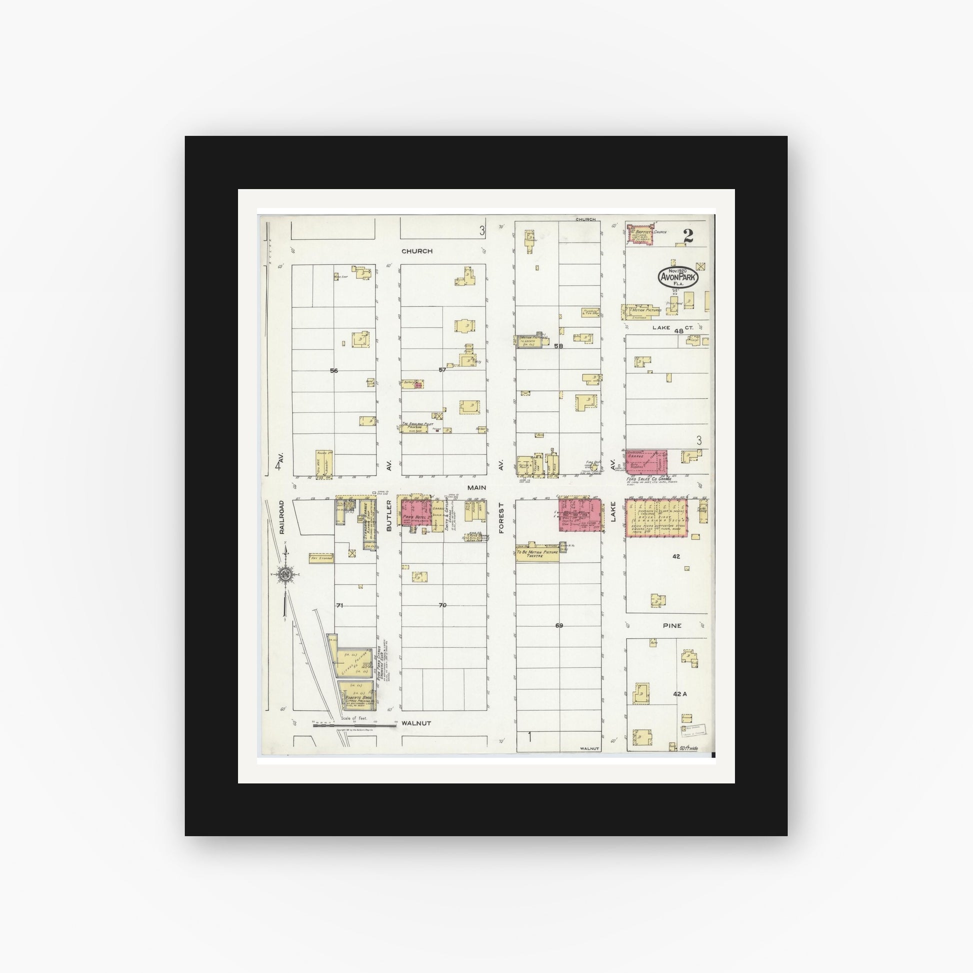 Old map wall art mockup — black gallery frame with white mat — Sanborn Fire Insurance Map from Avon Park, Highlands County, Florida (1920), Sheet #0002