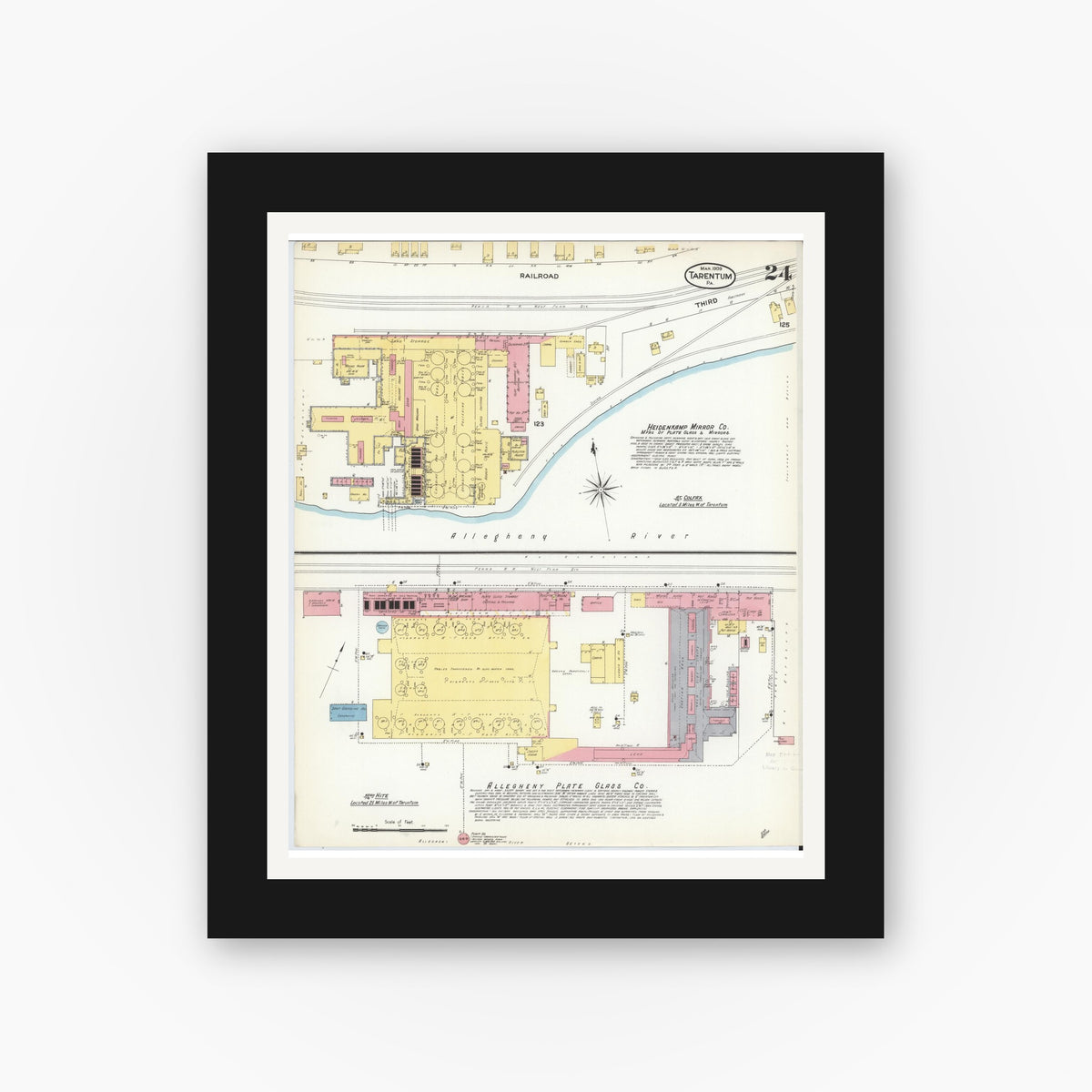 Old map wall art mockup — black gallery frame with white mat — Sanborn Fire Insurance Map from Tarentum, Allegheny County, Pennsylvania (1909), Sheet #0024