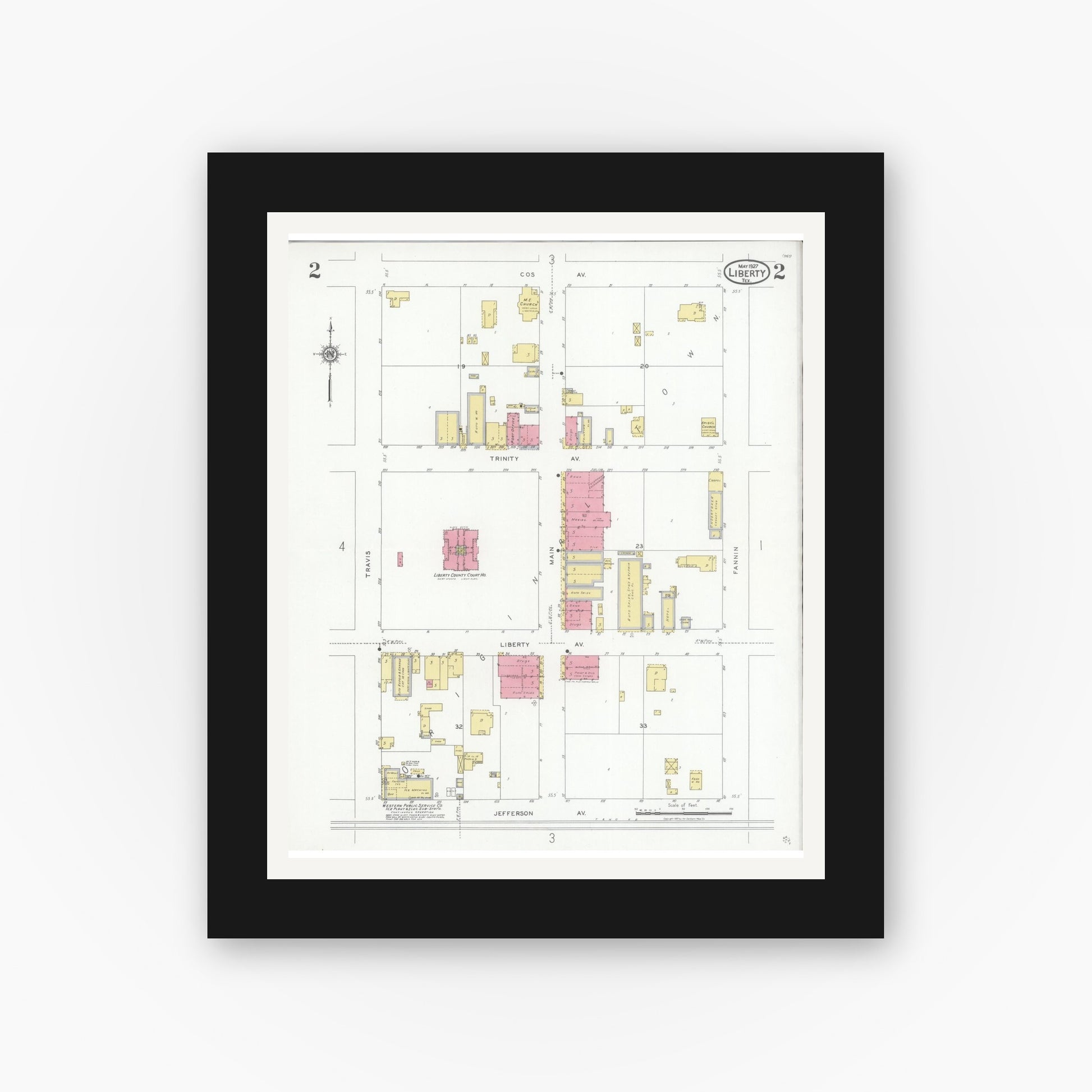 Old map wall art mockup — black gallery frame with white mat — Sanborn Fire Insurance Map from Liberty, Liberty County, Texas (1927), Sheet #0002