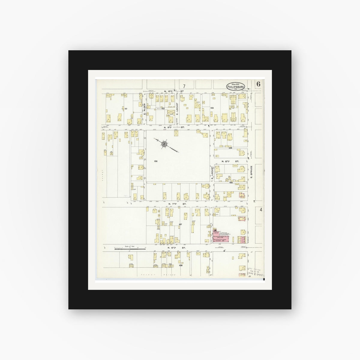 Old map wall art mockup — black gallery frame with white mat — Sanborn Fire Insurance Map from Philipsburg, Centre County, Pennsylvania (1910), Sheet #0006