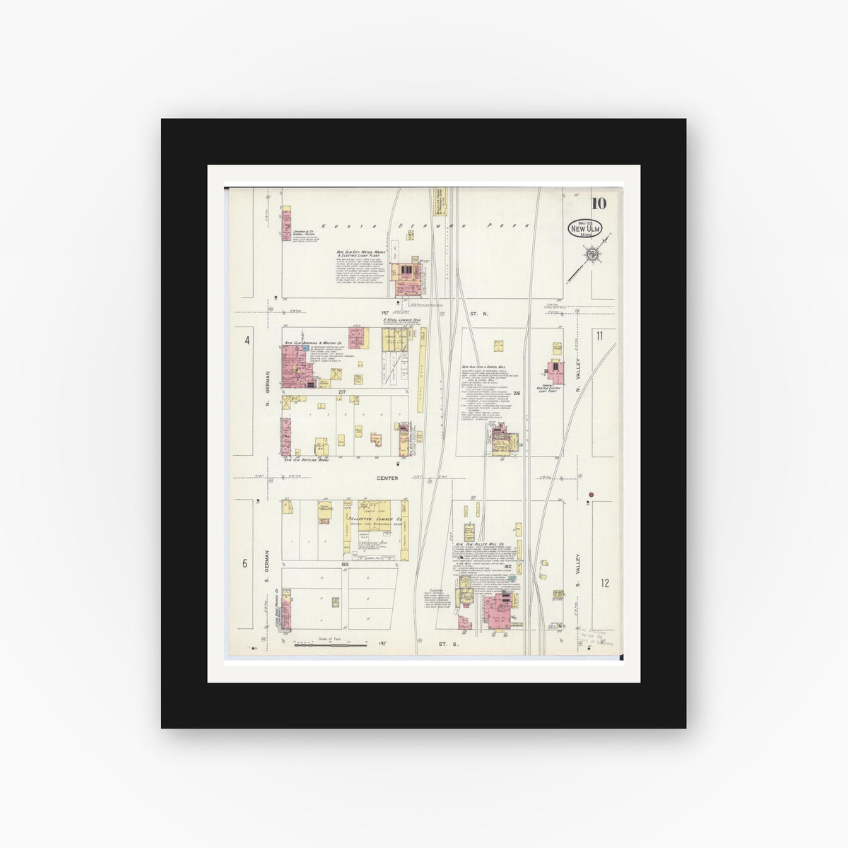 Old map wall art mockup — black gallery frame with white mat — Sanborn Fire Insurance Map from New Ulm, Brown County, Minnesota (1913), Sheet #0010