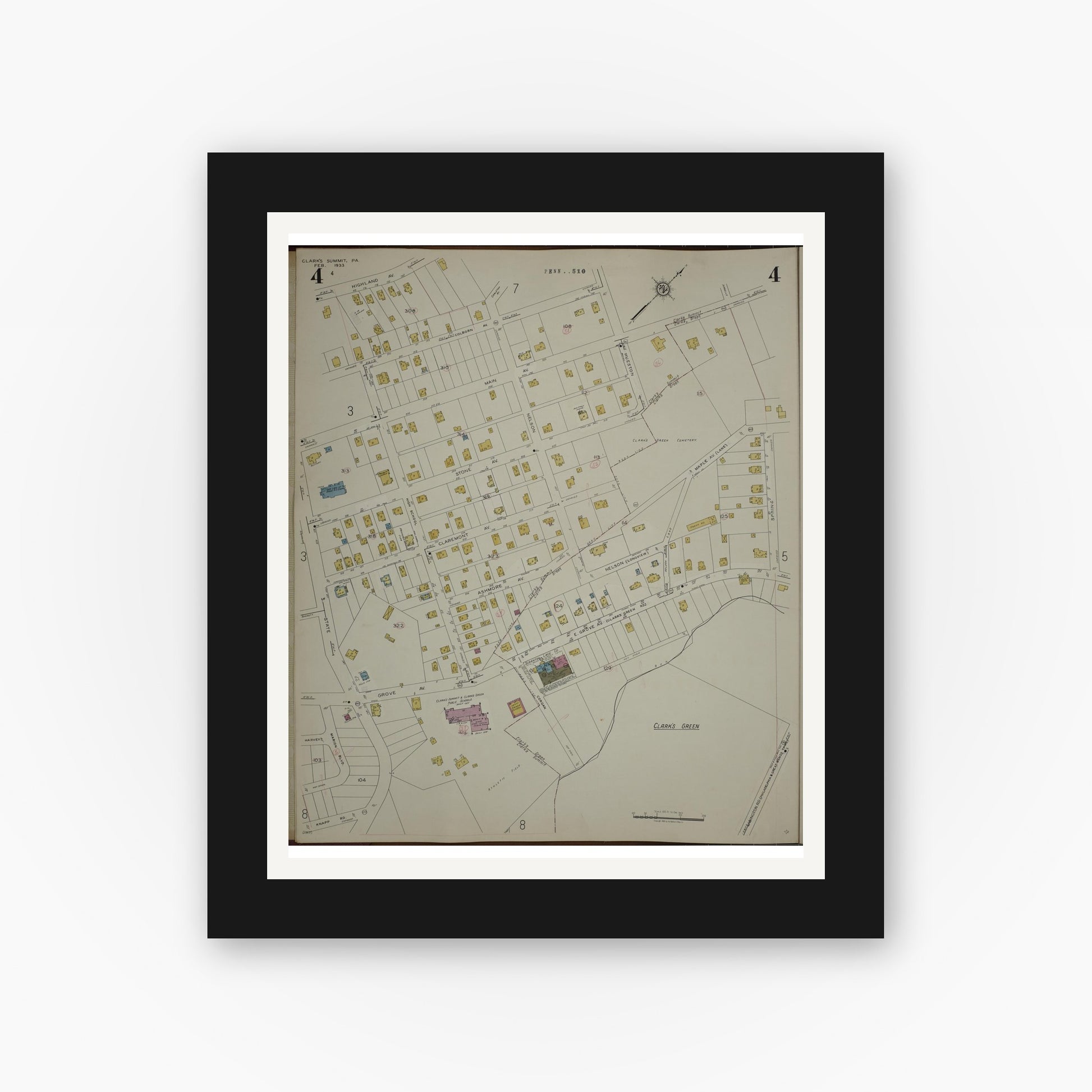 Old map wall art mockup — black gallery frame with white mat — Sanborn Fire Insurance Map from Clark's Summit, Lackawanna County, Pennsylvania (1942), Sheet #0004