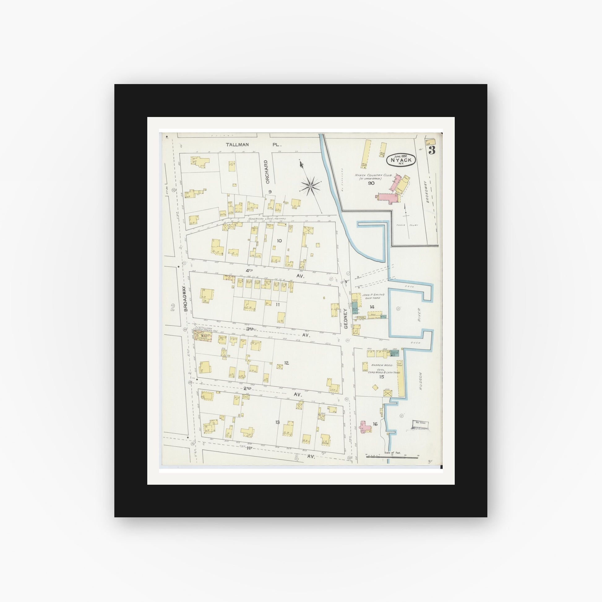Old map wall art mockup — black gallery frame with white mat — Sanborn Fire Insurance Map from Nyack, Rockland County, New York. (1892), Sheet #0003