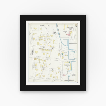 Old map wall art mockup — black gallery frame with white mat — Sanborn Fire Insurance Map from Nyack, Rockland County, New York. (1892), Sheet #0003