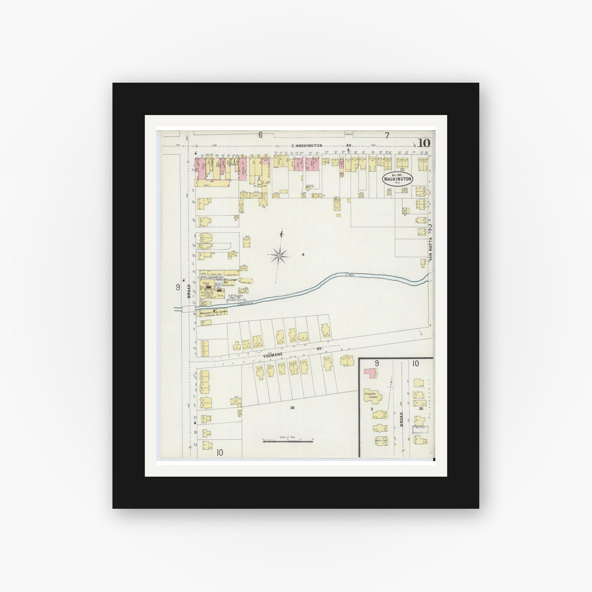 Old map wall art mockup — black gallery frame with white mat — Sanborn Fire Insurance Map from Washington, Warren County, New Jersey (1897), Sheet #0010