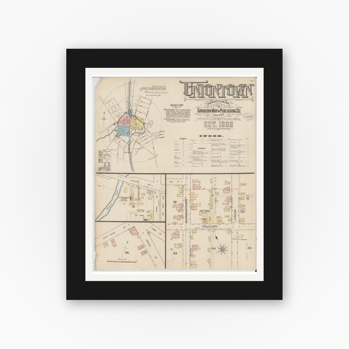 Old map wall art mockup — black gallery frame with white mat — Sanborn Fire Insurance Map from Uniontown, Fayette County, Pennsylvania (1886) - Complete Map Set
