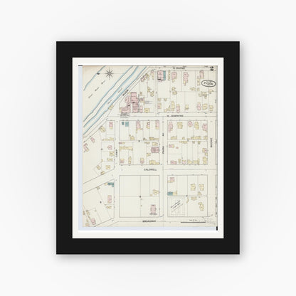 Old map wall art mockup — black gallery frame with white mat — Sanborn Fire Insurance Map from Piqua, Miami County, Ohio (1887), Sheet #0002