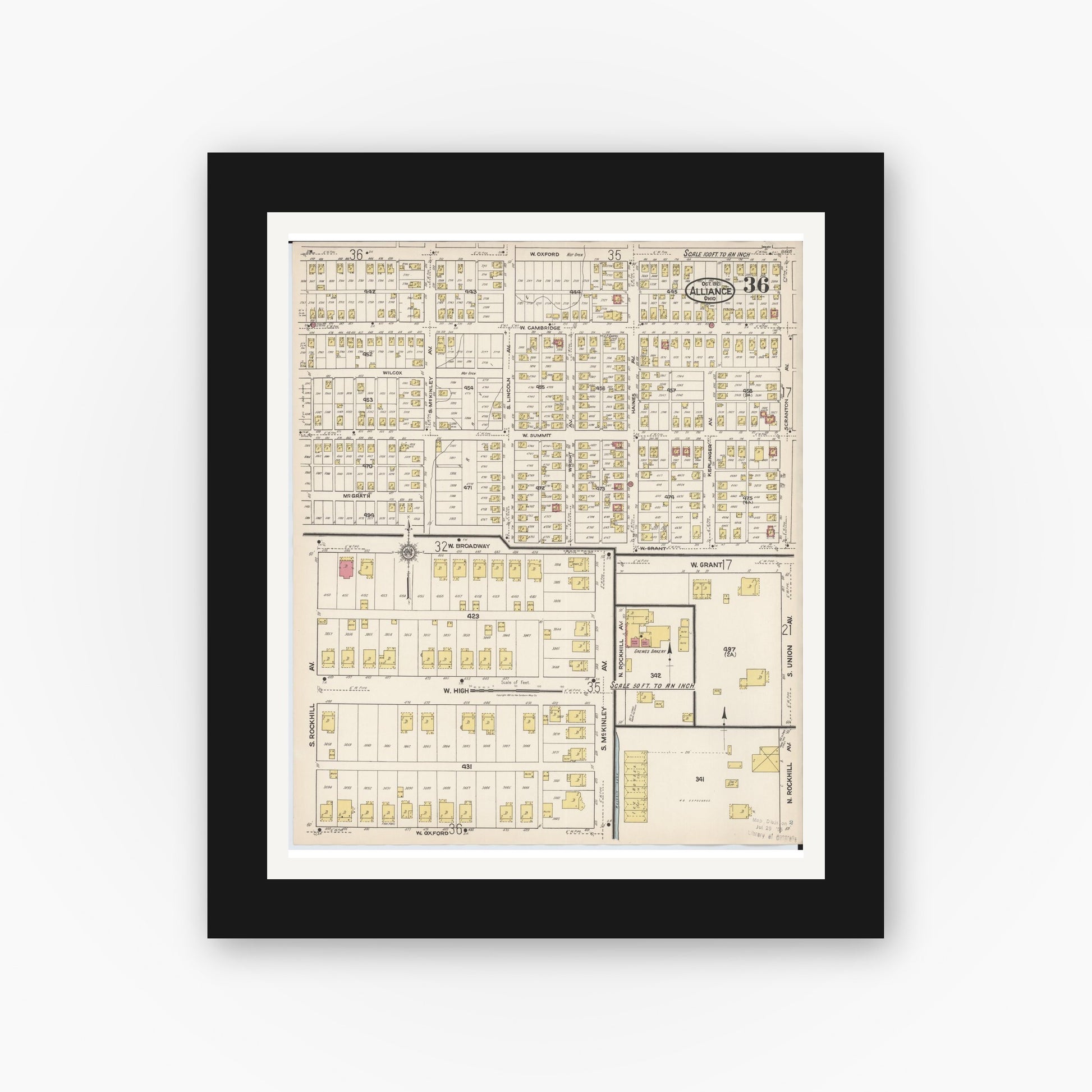 Old map wall art mockup — black gallery frame with white mat — Sanborn Fire Insurance Map from Alliance, Stark County, Ohio (1921), Sheet #0036