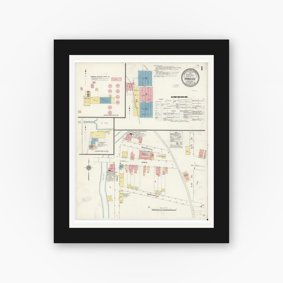 Old map wall art mockup — black gallery frame with white mat — Sanborn Fire Insurance Map from Hamburg, Berks County, Pennsylvania (1910) - Complete Map Set