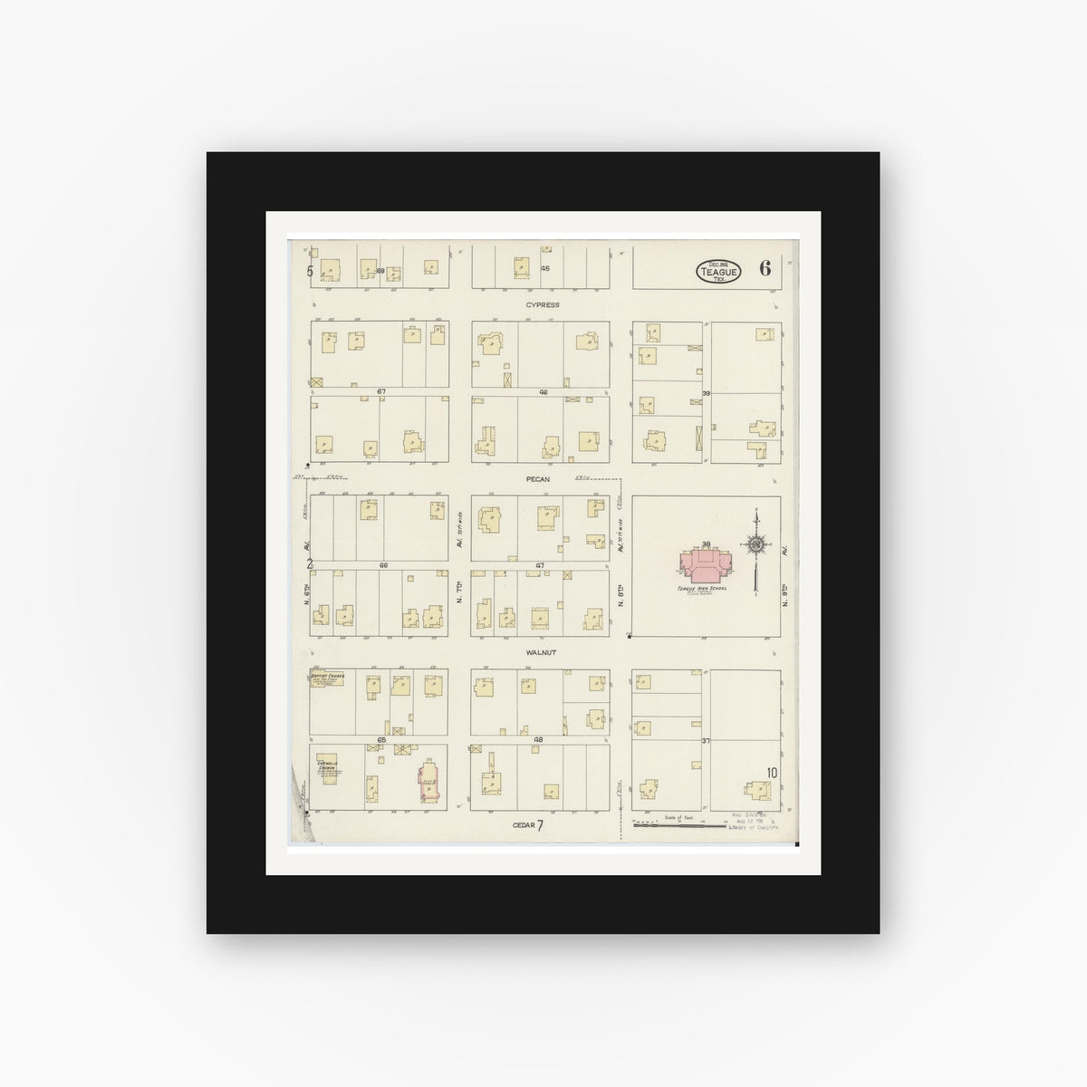 Old map wall art mockup — black gallery frame with white mat — Sanborn Fire Insurance Map from Teague, Freestone County, Texas (1914), Sheet #0006