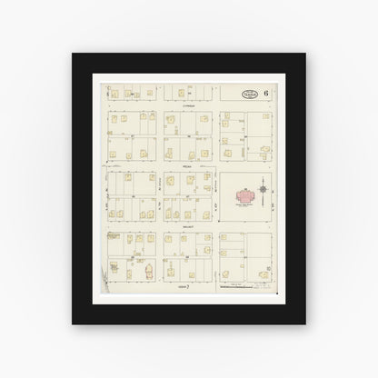 Old map wall art mockup — black gallery frame with white mat — Sanborn Fire Insurance Map from Teague, Freestone County, Texas (1914), Sheet #0006