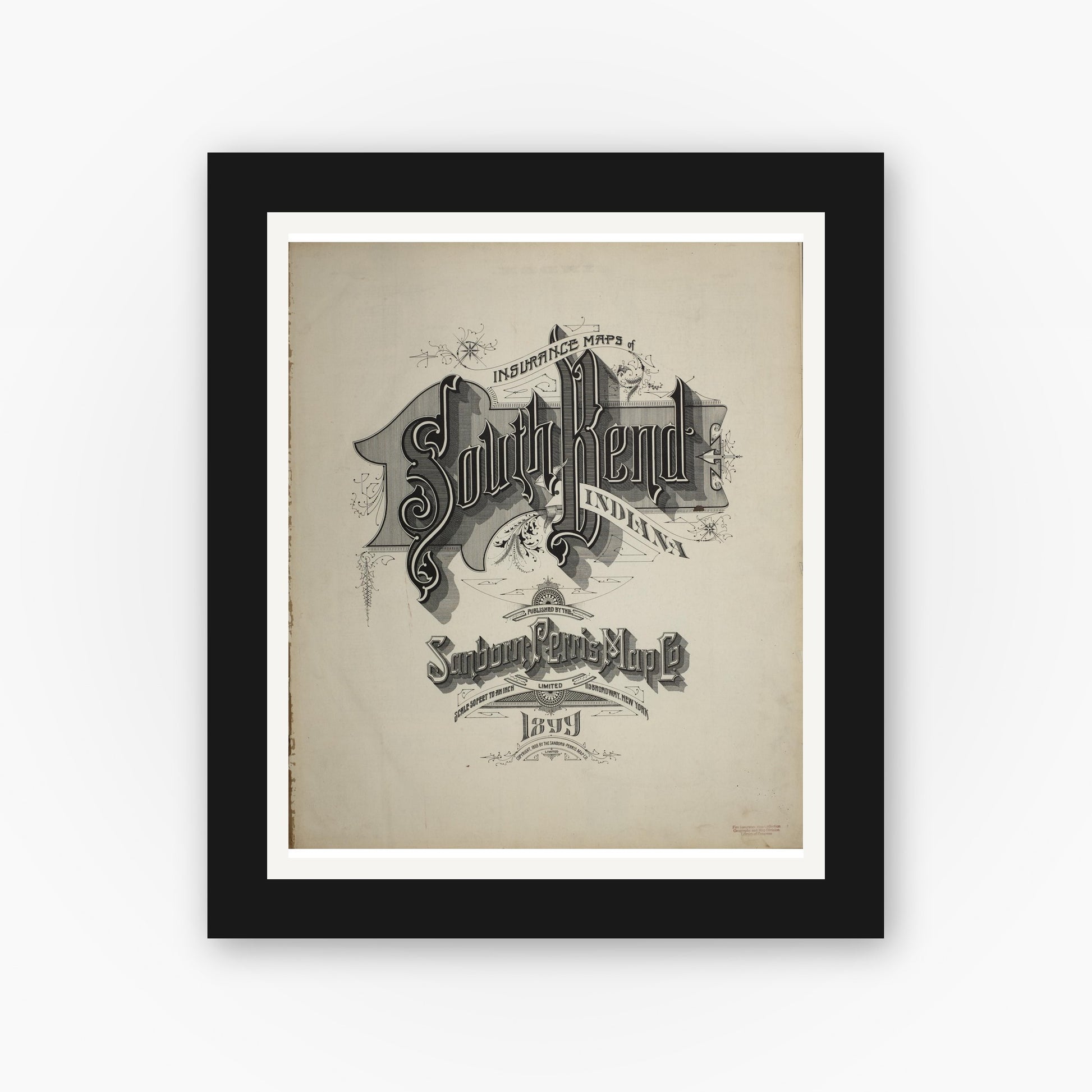Old map wall art mockup — black gallery frame with white mat — Sanborn Fire Insurance Map from South Bend, Saint Joseph County, Indiana (1899), Sheet #0001
