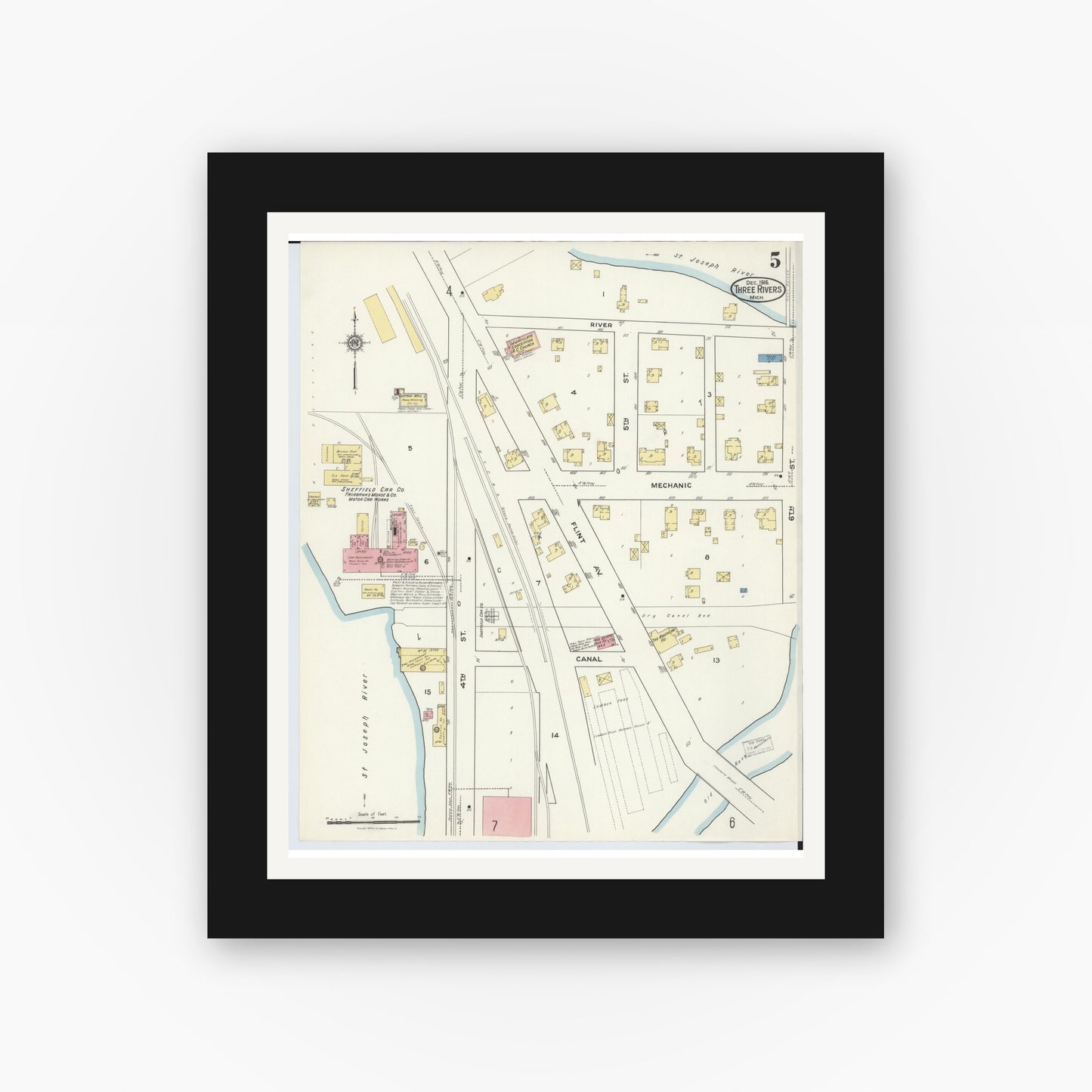 Old map wall art mockup — black gallery frame with white mat — Sanborn Fire Insurance Map from Three Rivers, Saint Joseph County, Michigan (1916), Sheet #0005