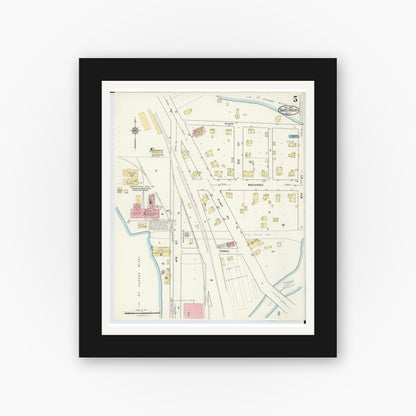 Old map wall art mockup — black gallery frame with white mat — Sanborn Fire Insurance Map from Three Rivers, Saint Joseph County, Michigan (1916), Sheet #0005
