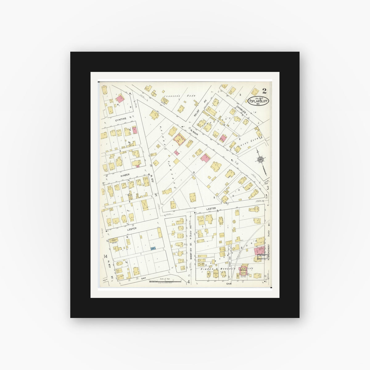 Old map wall art mockup — black gallery frame with white mat — Sanborn Fire Insurance Map from Poplar Bluff, Butler County, Missouri (1917), Sheet #0002
