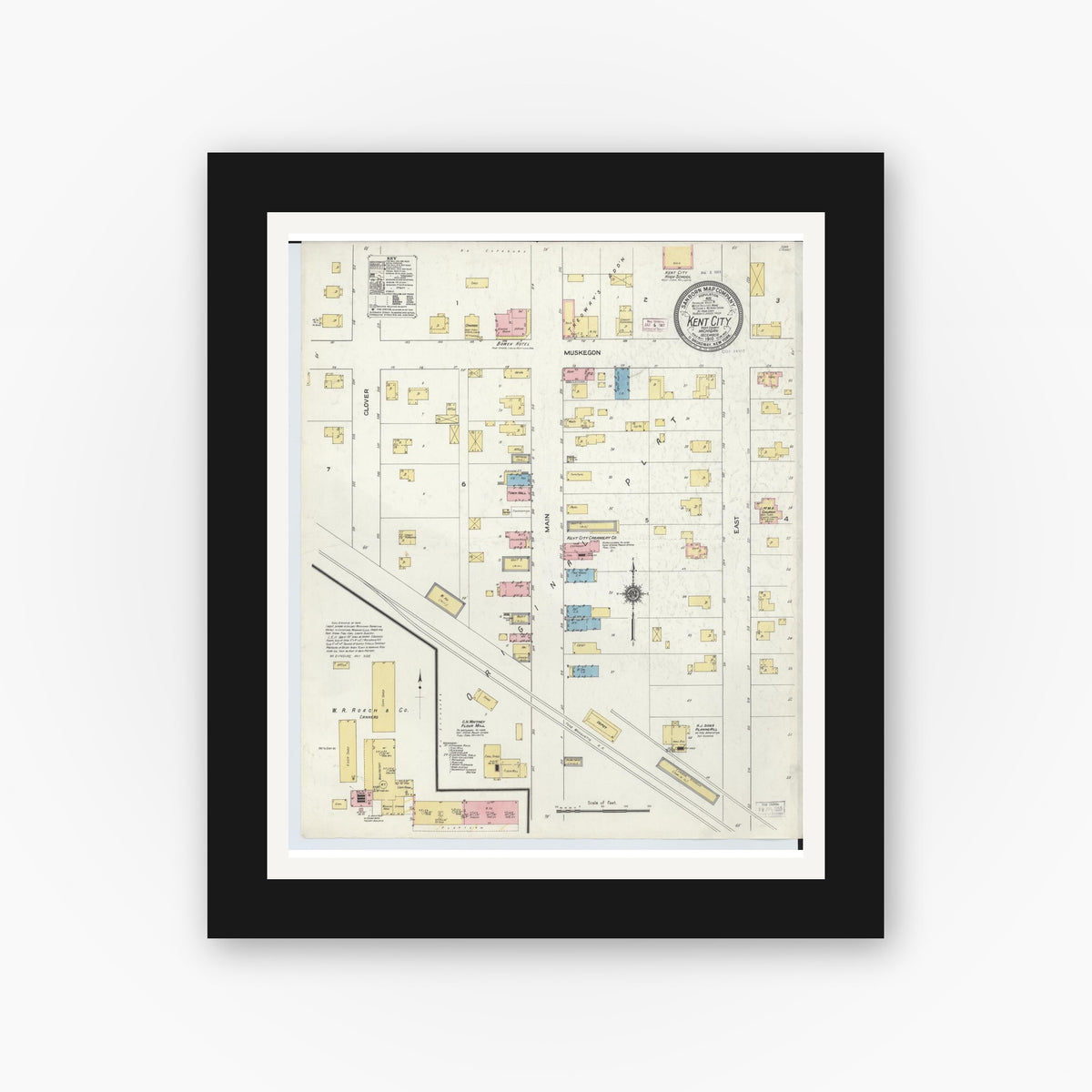 Old map wall art mockup — black gallery frame with white mat — Sanborn Fire Insurance Map from Kent City, Kent County, Michigan (1910), Sheet #0001