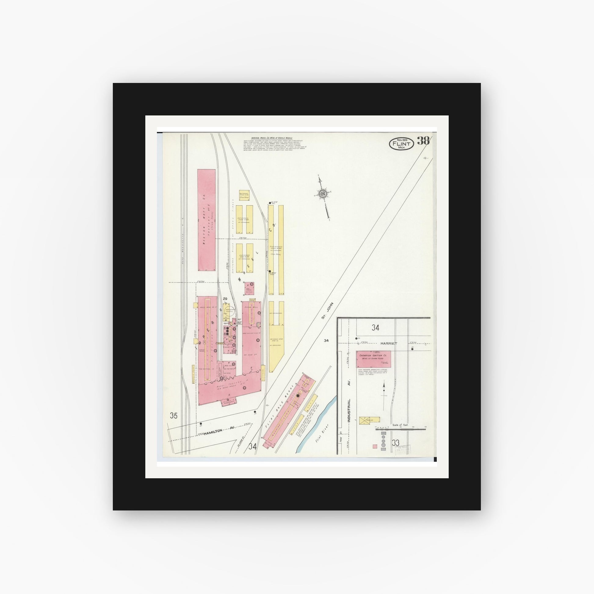 Old map wall art mockup — black gallery frame with white mat — Sanborn Fire Insurance Map from Flint, Genesee County, Michigan (1909), Sheet #0038