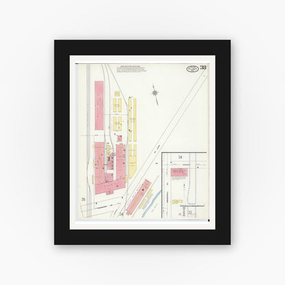 Old map wall art mockup — black gallery frame with white mat — Sanborn Fire Insurance Map from Flint, Genesee County, Michigan (1909), Sheet #0038