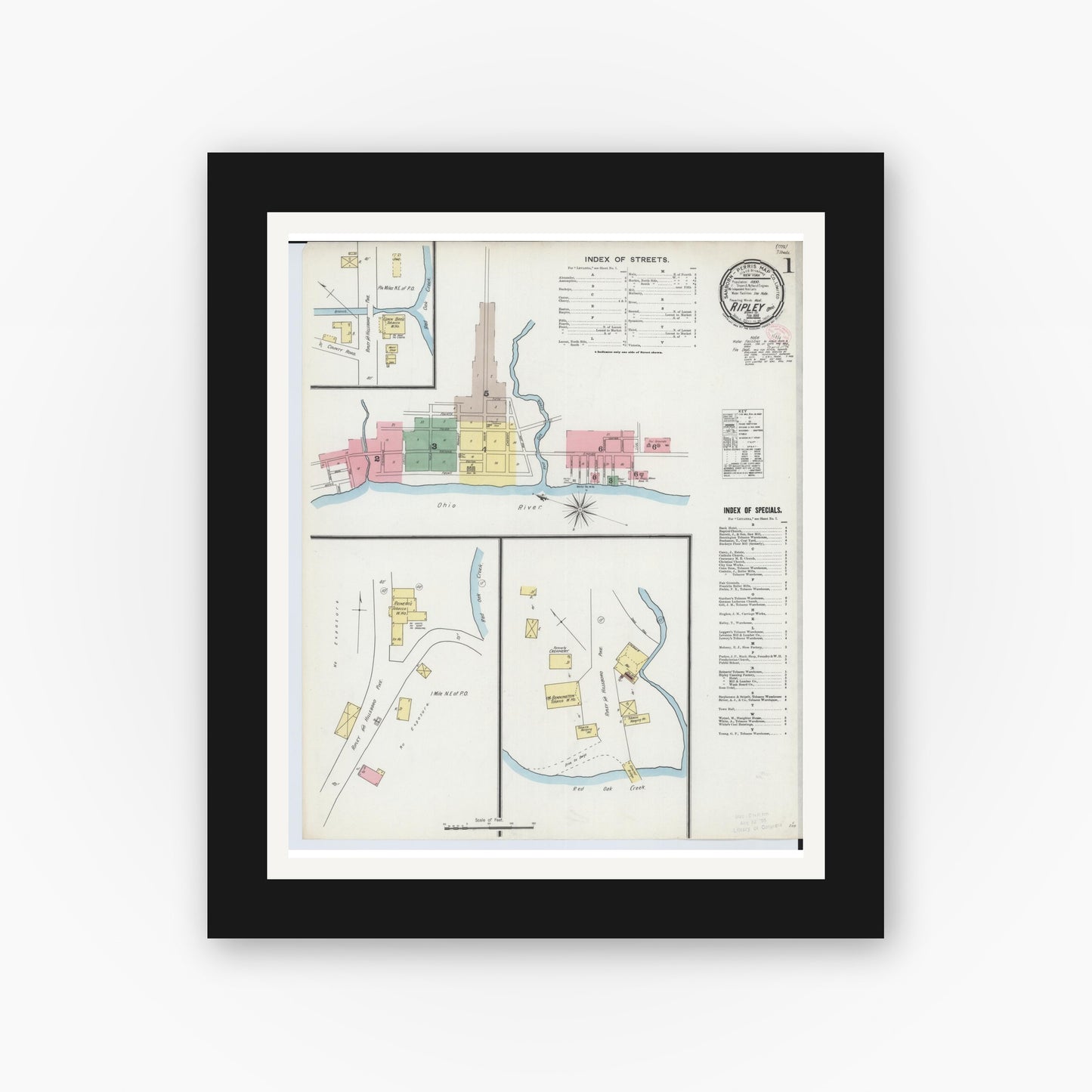 Old map wall art mockup — black gallery frame with white mat — Sanborn Fire Insurance Map from Ripley, Brown County, Ohio (1895) - Complete Map Set