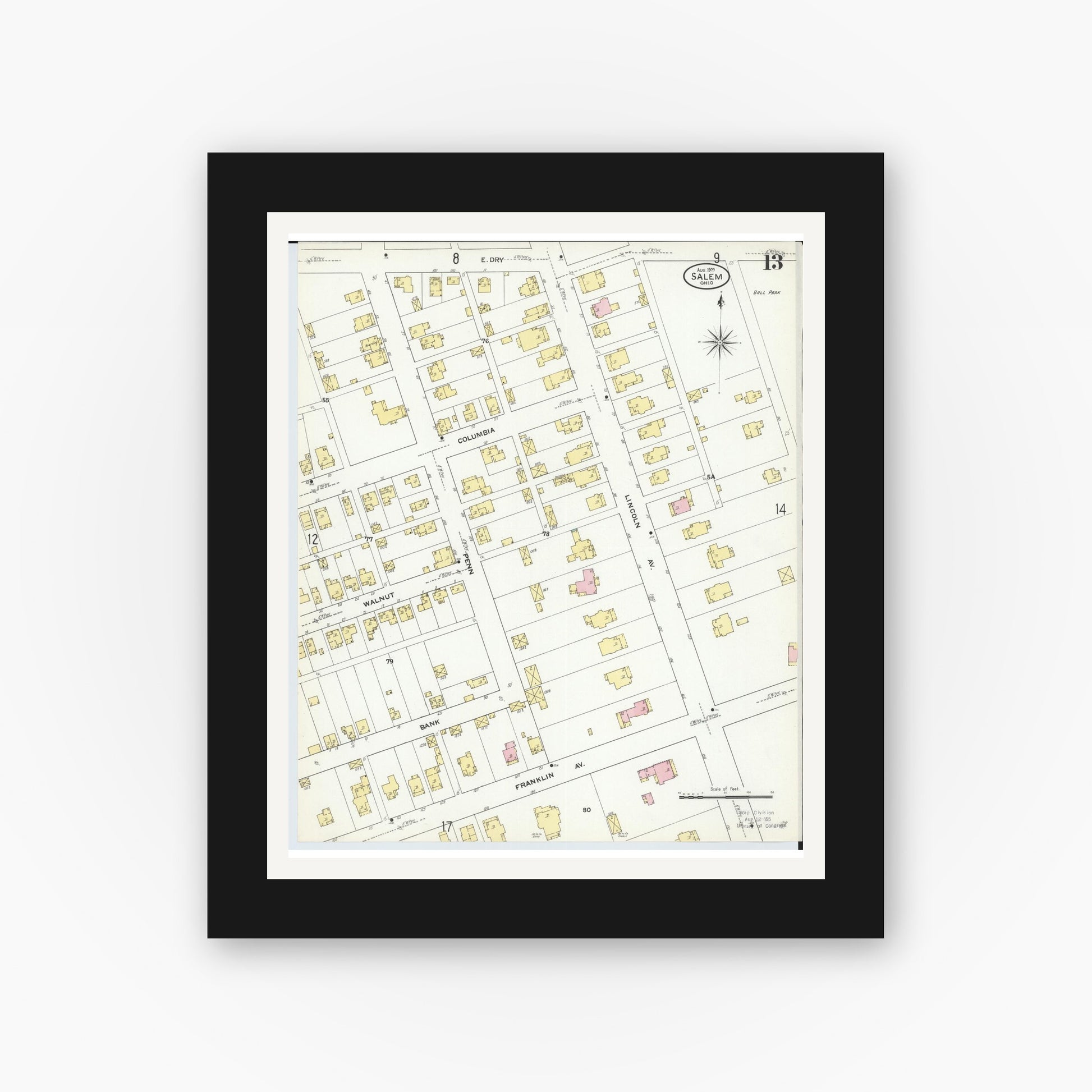Old map wall art mockup — black gallery frame with white mat — Sanborn Fire Insurance Map from Salem, Columbiana County, Ohio (1909), Sheet #0013