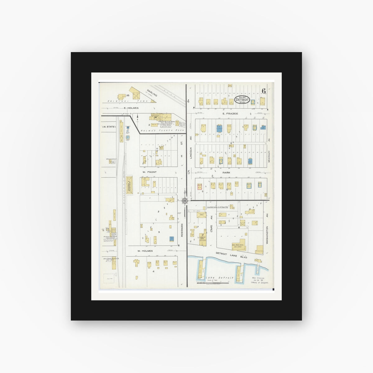 Old map wall art mockup — black gallery frame with white mat — Sanborn Fire Insurance Map from Detroit Lakes, Becker County, Minnesota (1917), Sheet #0006