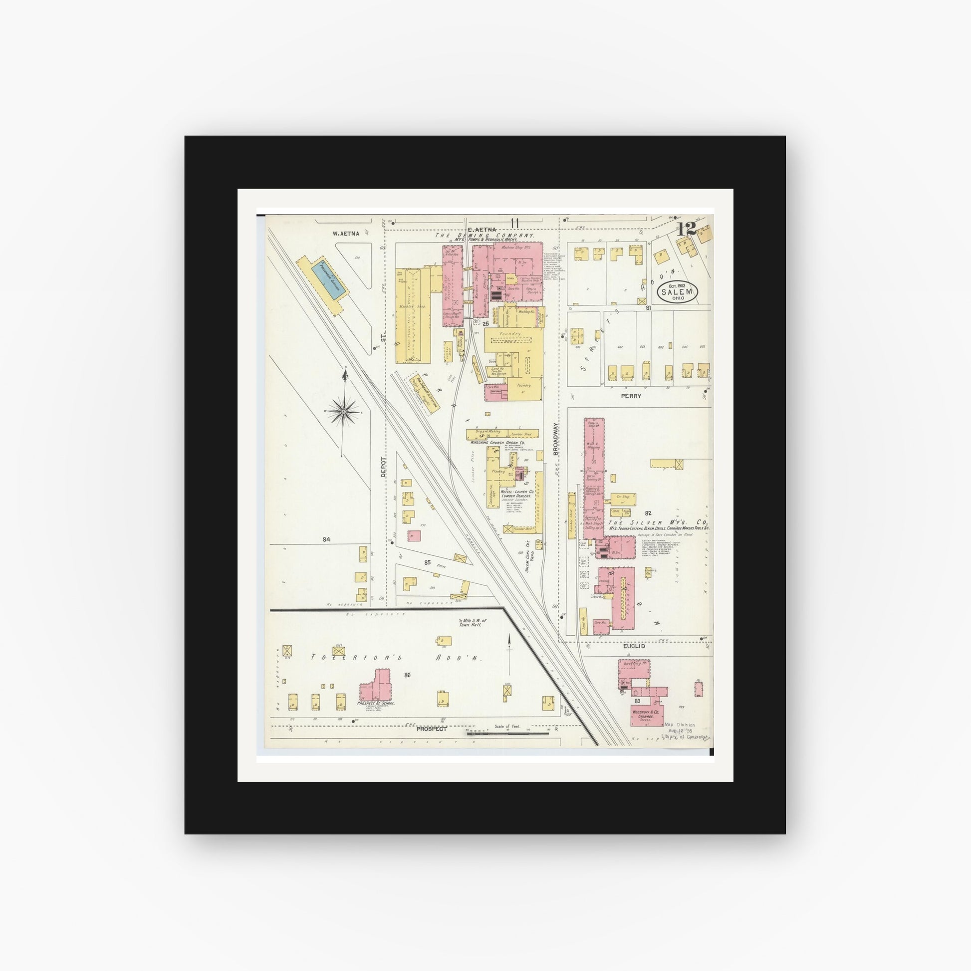 Old map wall art mockup — black gallery frame with white mat — Sanborn Fire Insurance Map from Salem, Columbiana County, Ohio (1903), Sheet #0012