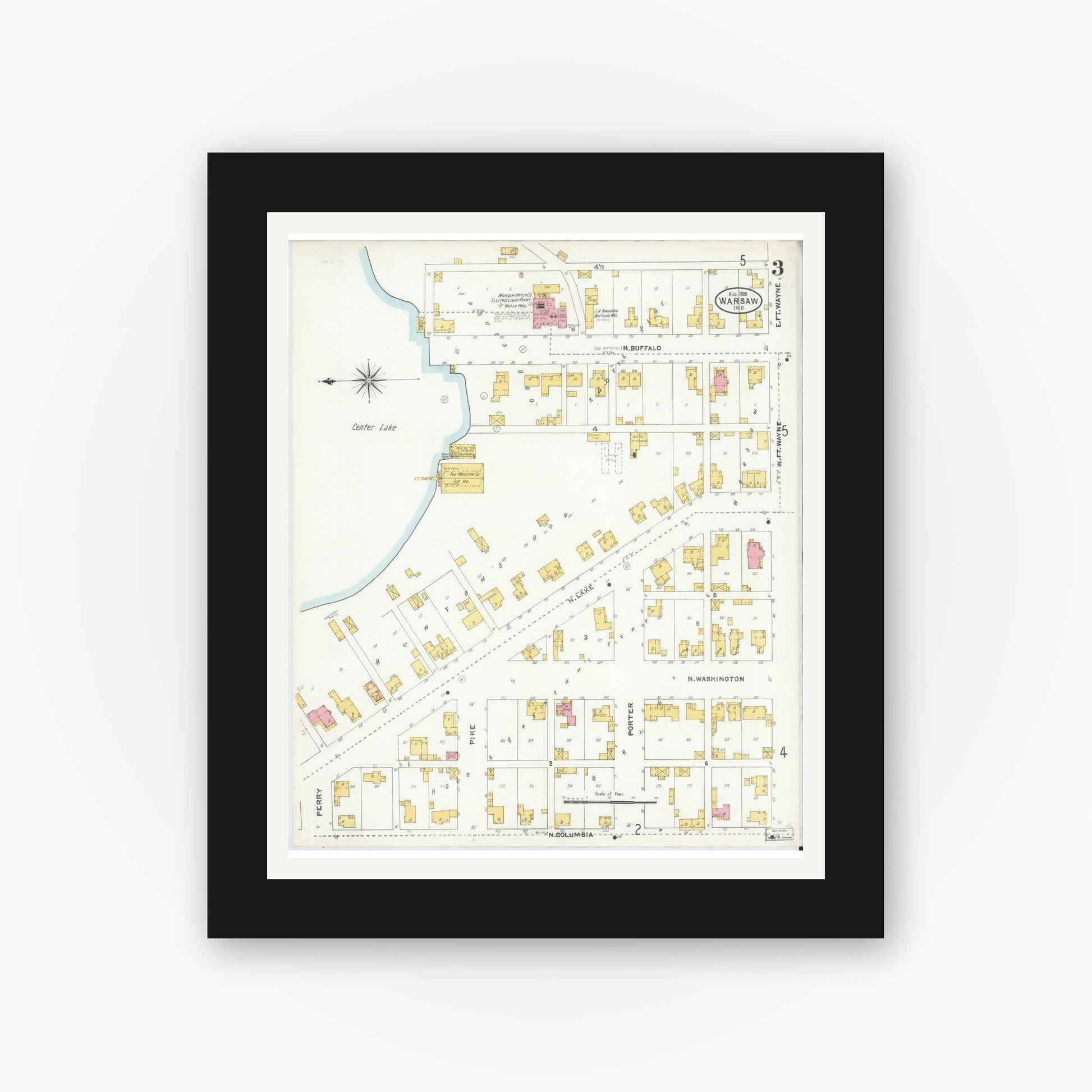 Old map wall art mockup — black gallery frame with white mat — Sanborn Fire Insurance Map from Warsaw, Kosciusko County, Indiana (1905), Sheet #0003