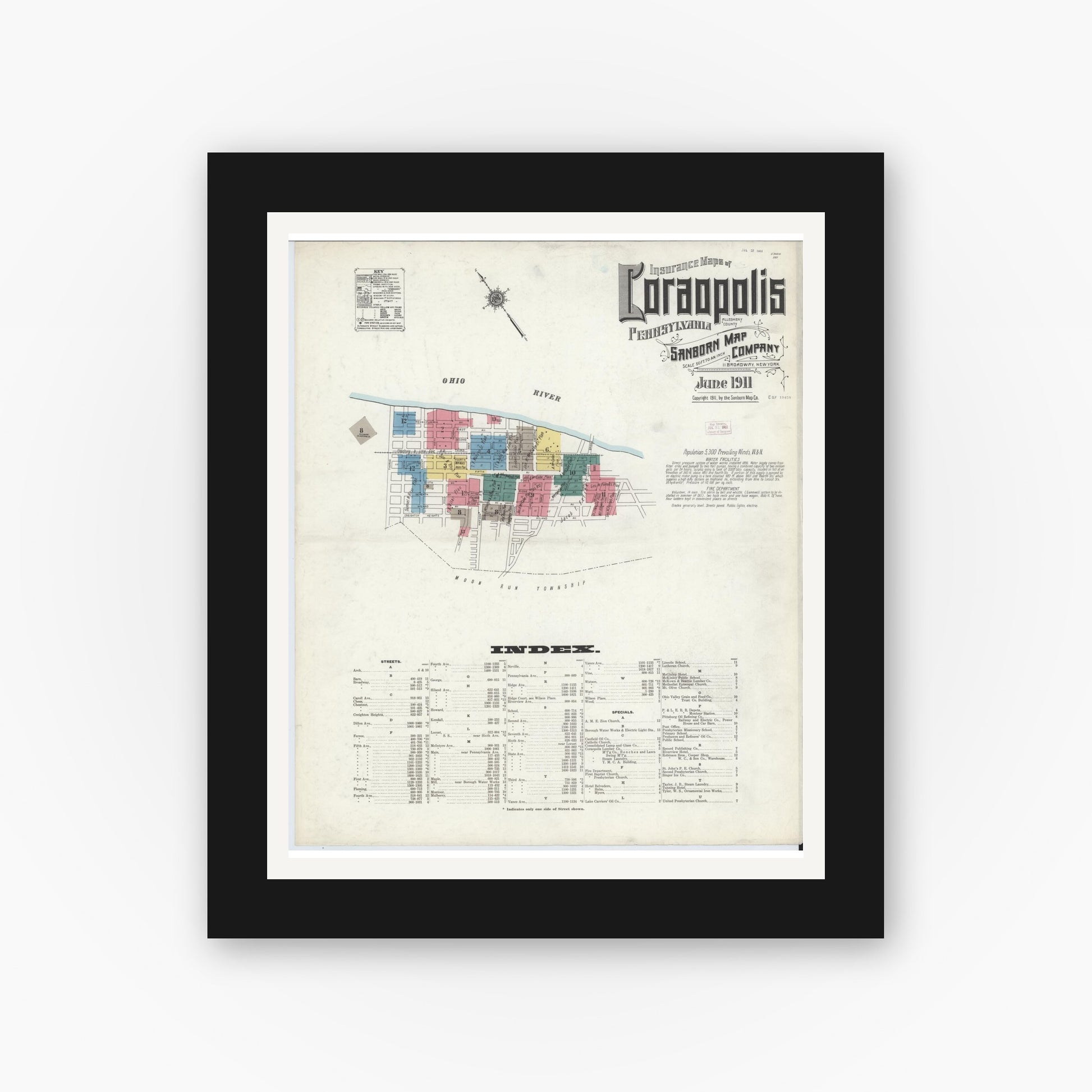 Old map wall art mockup — black gallery frame with white mat — Sanborn Fire Insurance Map from Coraopolis, Allegheny County, Pennsylvania (1911), Sheet #0001
