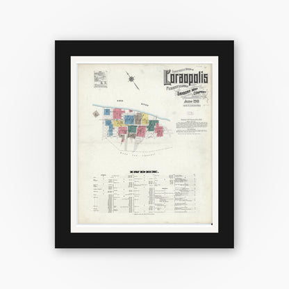 Old map wall art mockup — black gallery frame with white mat — Sanborn Fire Insurance Map from Coraopolis, Allegheny County, Pennsylvania (1911), Sheet #0001