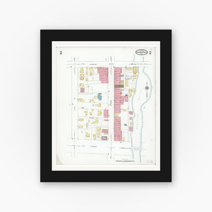 Old map wall art mockup — black gallery frame with white mat — Sanborn Fire Insurance Map from Cuyahoga Falls, Summit County, Ohio (1927), Sheet #0002