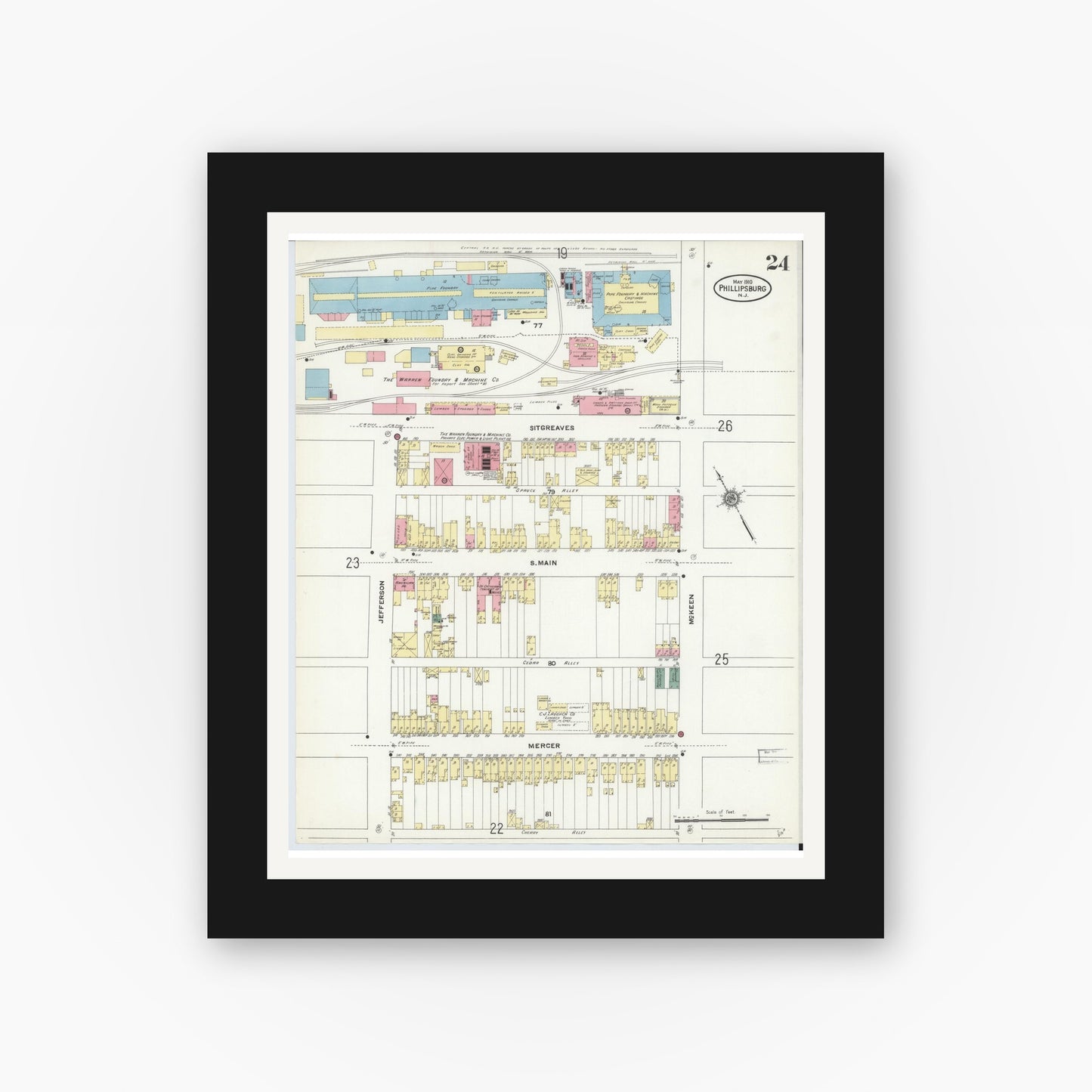Old map wall art mockup — black gallery frame with white mat — Sanborn Fire Insurance Map from Phillipsburg, Warren County, New Jersey (1910), Sheet #0024