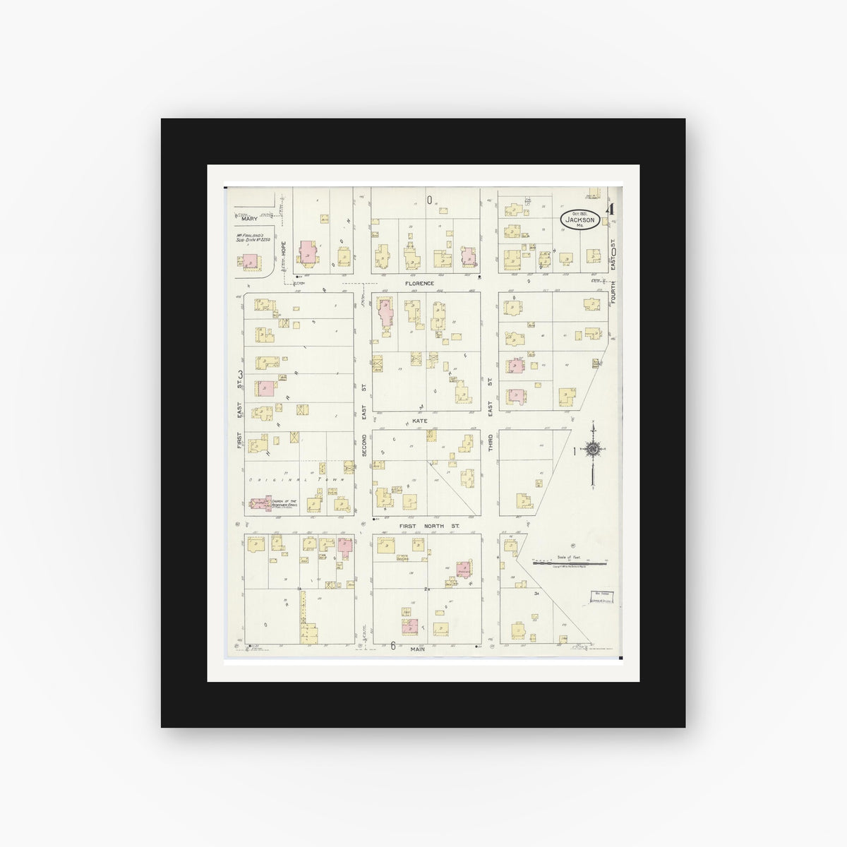 Old map wall art mockup — black gallery frame with white mat — Sanborn Fire Insurance Map from Jackson, Cape Girardeau County, Missouri (1921), Sheet #0004