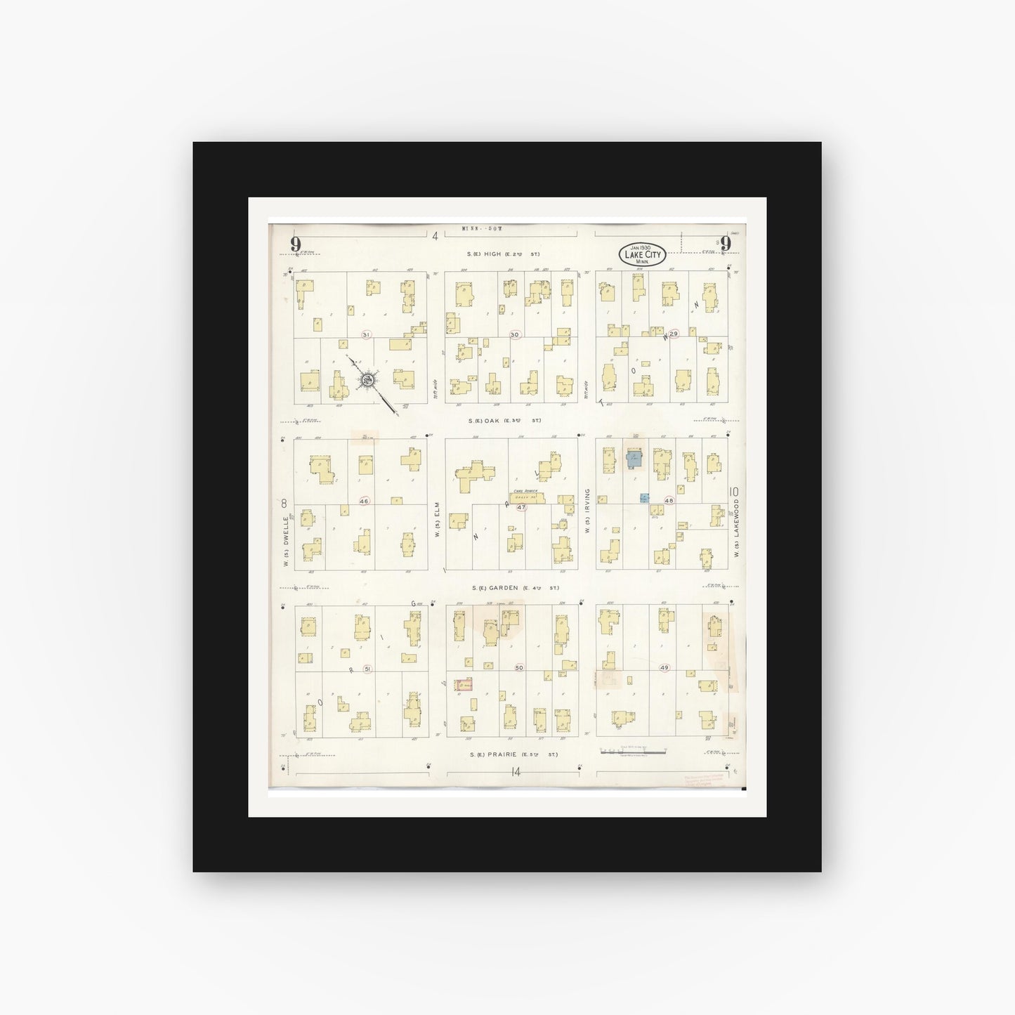 Old map wall art mockup — black gallery frame with white mat — Sanborn Fire Insurance Map from Lake City, Wabasha County, Minnesota (1938), Sheet #0009