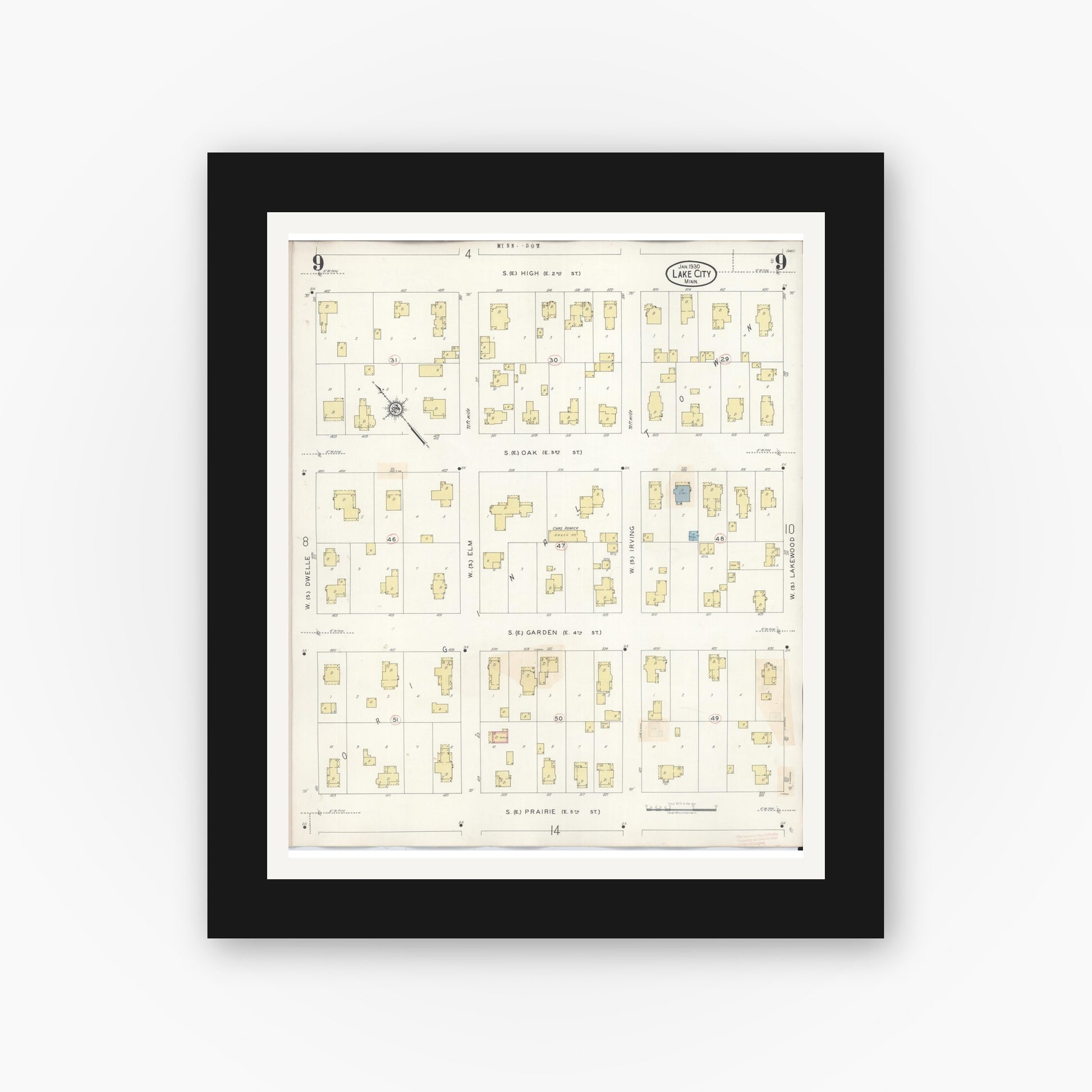 Old map wall art mockup — black gallery frame with white mat — Sanborn Fire Insurance Map from Lake City, Wabasha County, Minnesota (1938), Sheet #0009