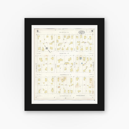 Old map wall art mockup — black gallery frame with white mat — Sanborn Fire Insurance Map from Lake City, Wabasha County, Minnesota (1938), Sheet #0009