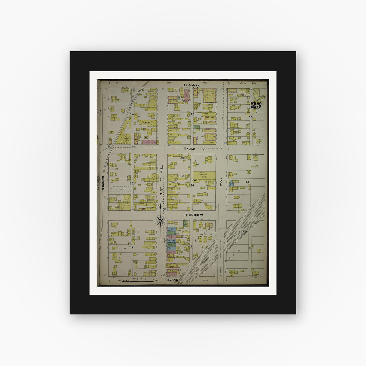 Old map wall art mockup — black gallery frame with white mat — Sanborn Fire Insurance Map from La Crosse, La Crosse County, Wisconsin (1891), Sheet #0025