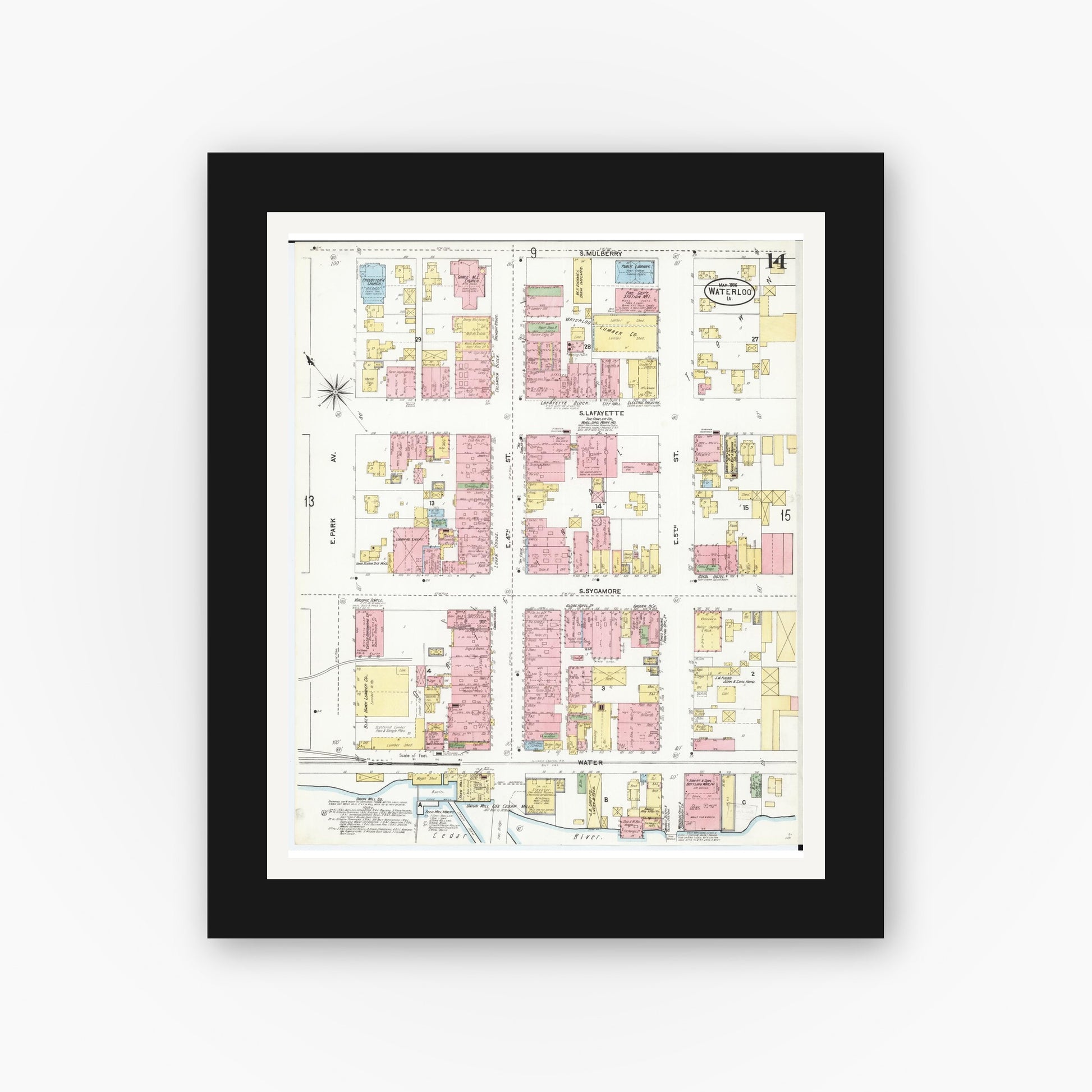 Old map wall art mockup — black gallery frame with white mat — Sanborn Fire Insurance Map from Waterloo, Black Hawk County, Iowa (1906), Sheet #0014