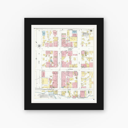 Old map wall art mockup — black gallery frame with white mat — Sanborn Fire Insurance Map from Waterloo, Black Hawk County, Iowa (1906), Sheet #0014