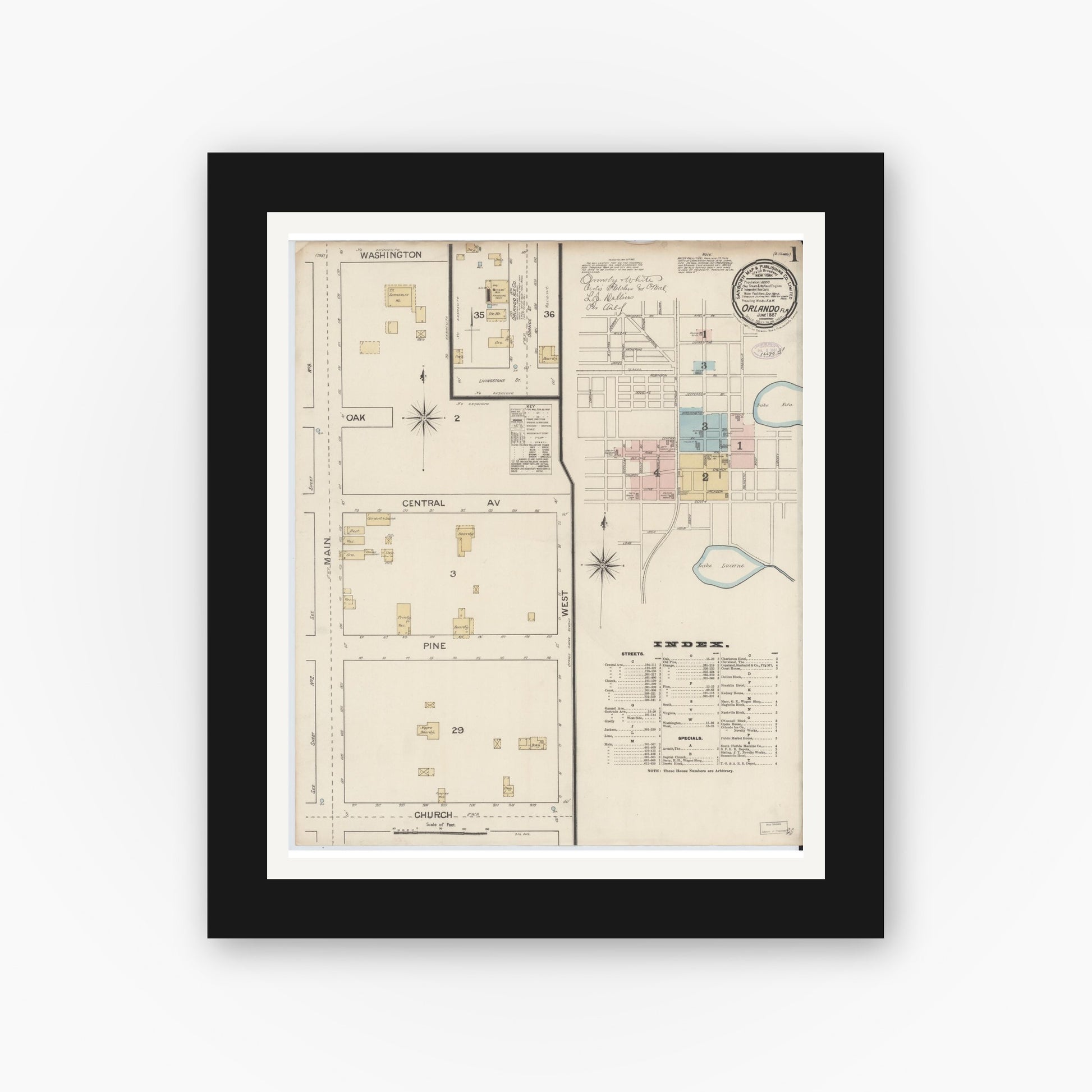 Old map wall art mockup — black gallery frame with white mat — Sanborn Fire Insurance Map from Orlando, Orange County, Florida (1887) - Complete Map Set