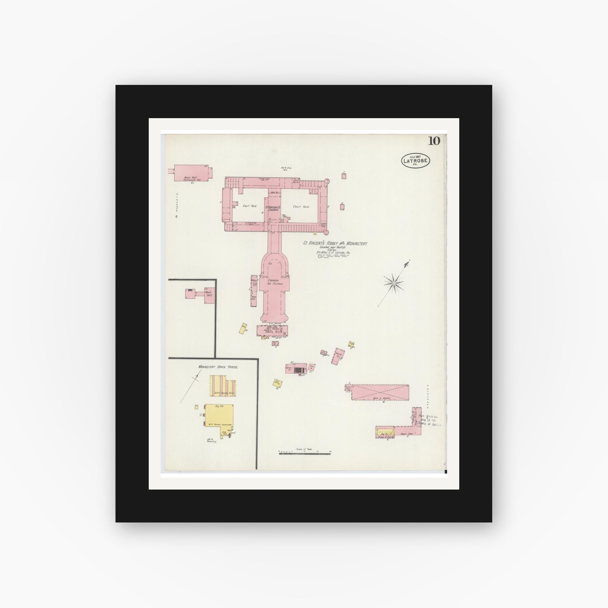 Old map wall art mockup — black gallery frame with white mat — Sanborn Fire Insurance Map from Latrobe, Westmoreland County, Pennsylvania (1897), Sheet #0010