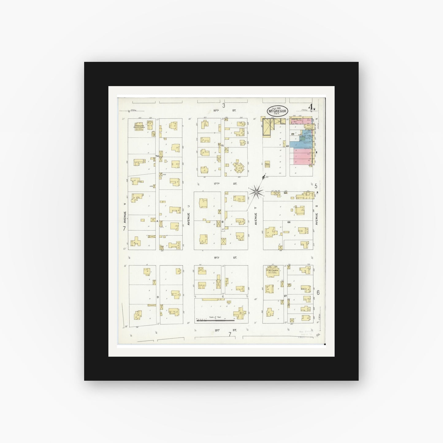 Old map wall art mockup — black gallery frame with white mat — Sanborn Fire Insurance Map from McGregor, McLennan County, Texas (1909), Sheet #0004