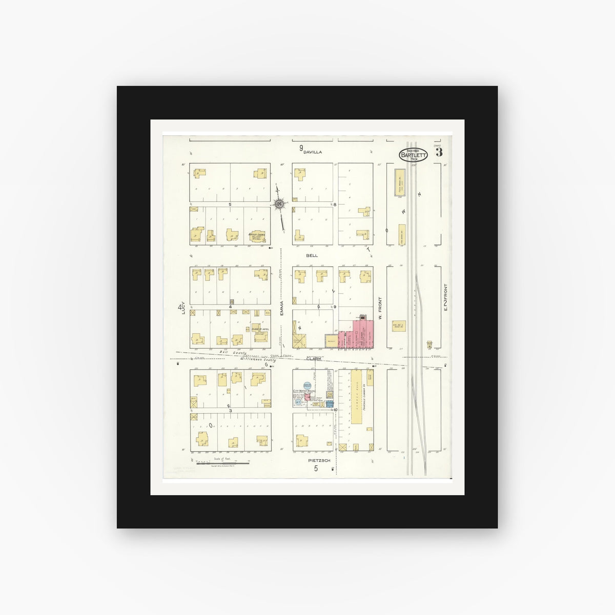 Old map wall art mockup — black gallery frame with white mat — Sanborn Fire Insurance Map from Bartlett, Bell and Williamson Counties, Texas (1921), Sheet #0003