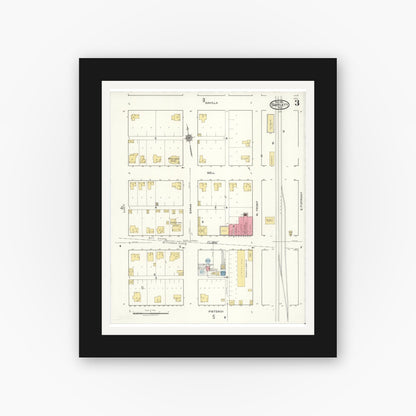Old map wall art mockup — black gallery frame with white mat — Sanborn Fire Insurance Map from Bartlett, Bell and Williamson Counties, Texas (1921), Sheet #0003