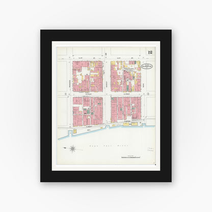 Old map wall art mockup — black gallery frame with white mat — Sanborn Fire Insurance Map from Wilmington, New Hanover County, North Carolina (1904), Sheet #0012