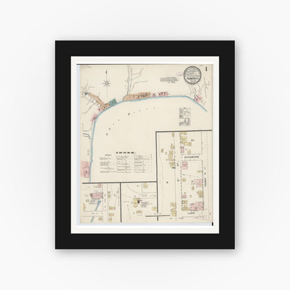 Old map wall art mockup — black gallery frame with white mat — Sanborn Fire Insurance Map from Pomeroy, Meigs County, Ohio (1888), Sheet #0001